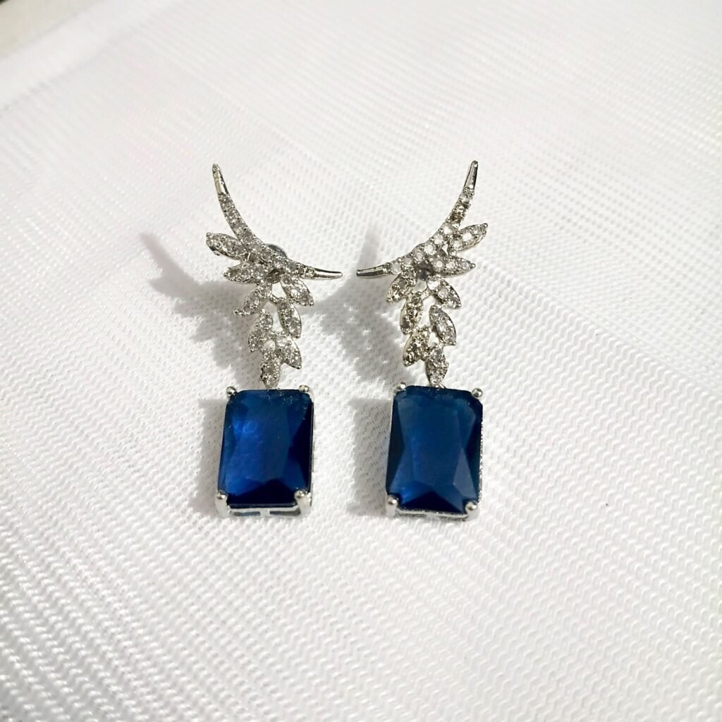 Sapphire Blue Winged Emerald-Cut Dangler Earrings with AD Floral Wing Motif