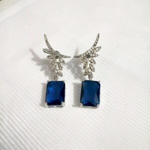 Sapphire Blue Winged Emerald-Cut Dangler Earrings with AD Floral Wing Motif